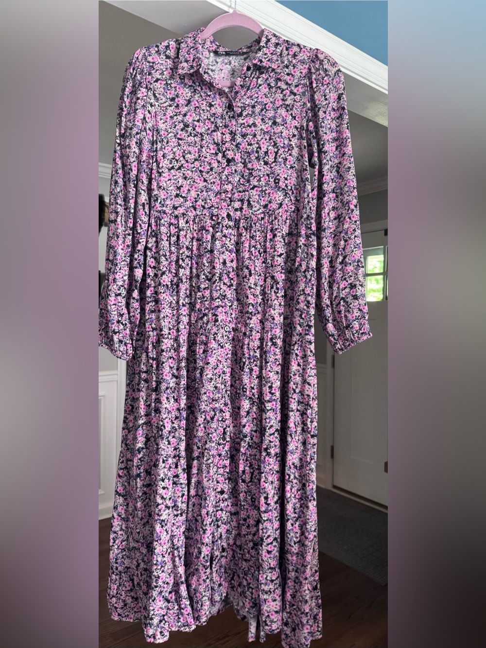 Zara Floral Pink Long-Sleeve Midi Dress